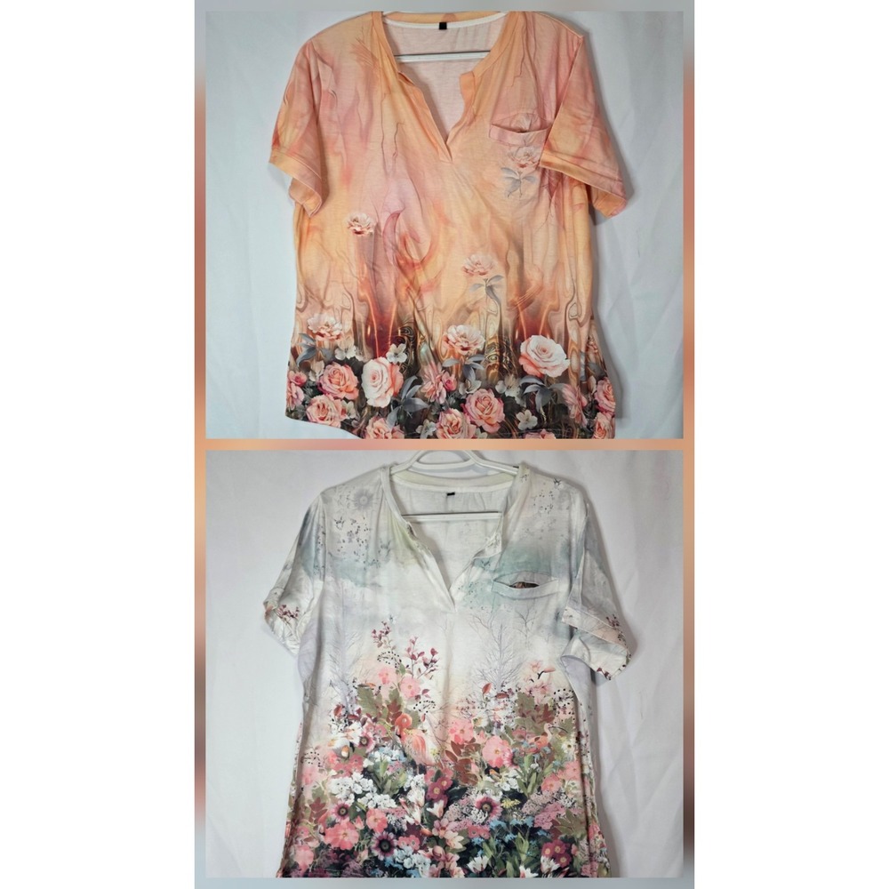 Set Of Two Floral Botanical Tunic Top XL Boho Cottagecore Soft Artsy Graphic Tee